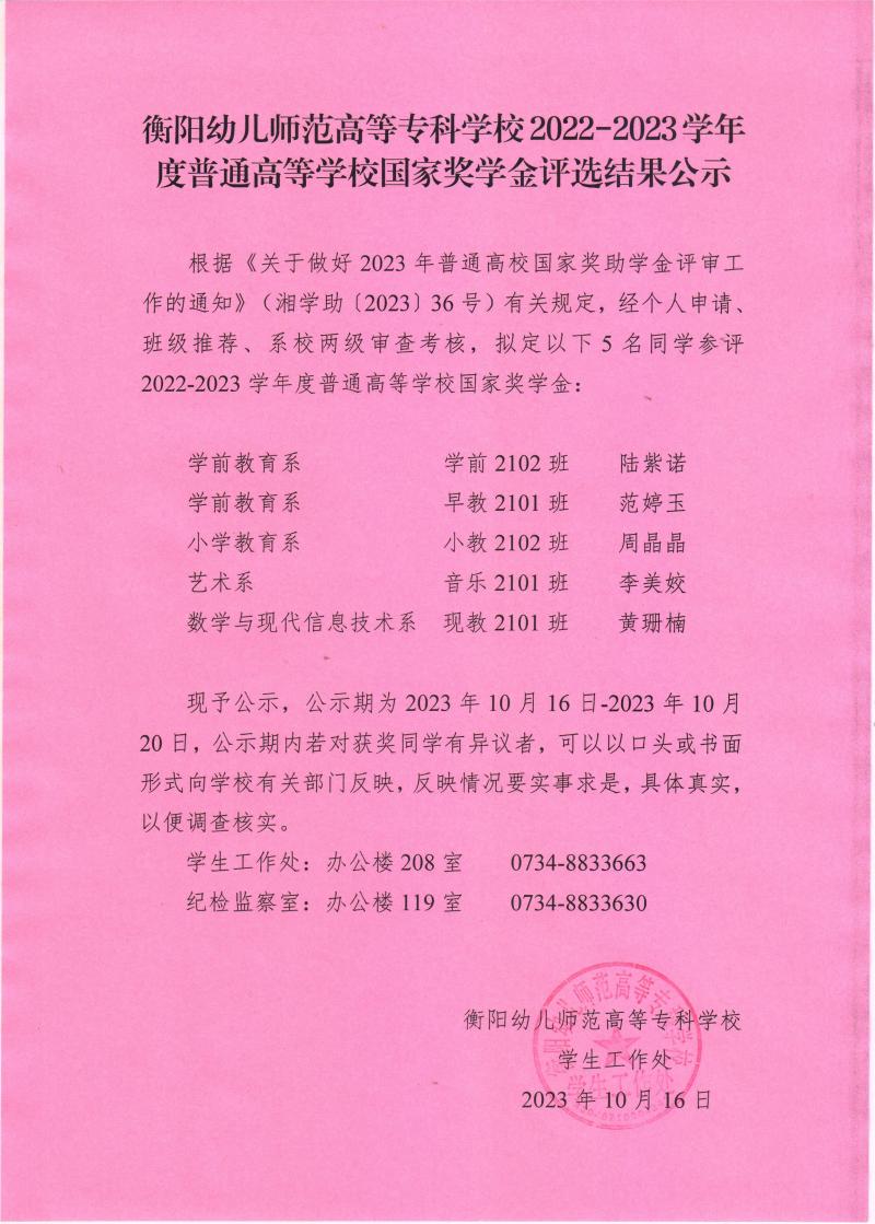 2022-2023學年度普通高等學校國家獎學金評選結果公示——衡陽幼兒師范高等專科學校.jpeg