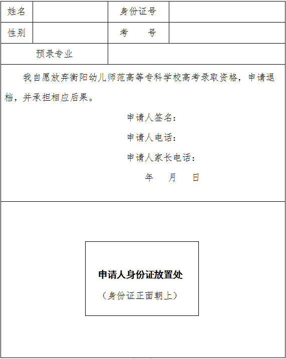 自愿放棄衡陽幼兒師范高等?？茖W(xué)校2020年高考錄取資格申請表